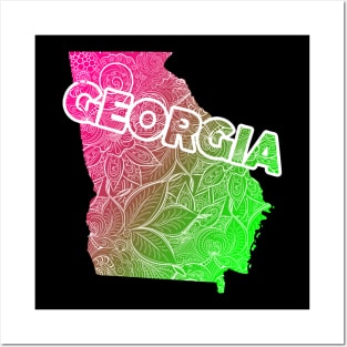 Colorful mandala art map of Georgia with text in pink and green Posters and Art